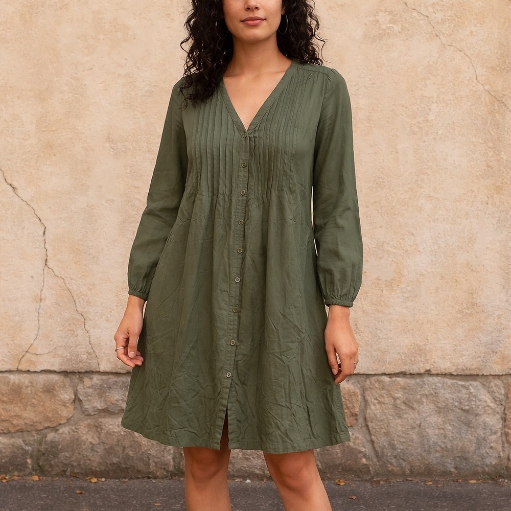 Old Navy Olive Green Button Down Pintuck Pleated Rayon Mini Dress Small NEW